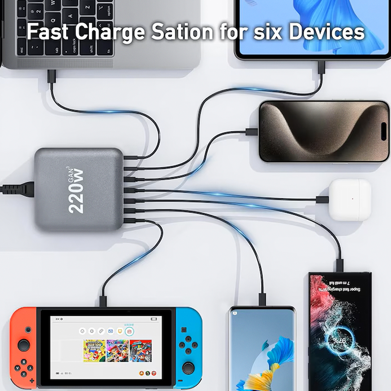 Powerful td-lte punjač 220w gan (2xpd 20w + pd 45w + pd 100w + 2xusc qc 3.0 18w) crni