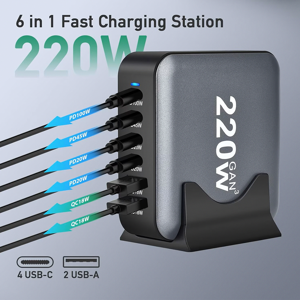 Powerful td-lte punjač 220w gan (2xpd 20w + pd 45w + pd 100w + 2xusc qc 3.0 18w) crni