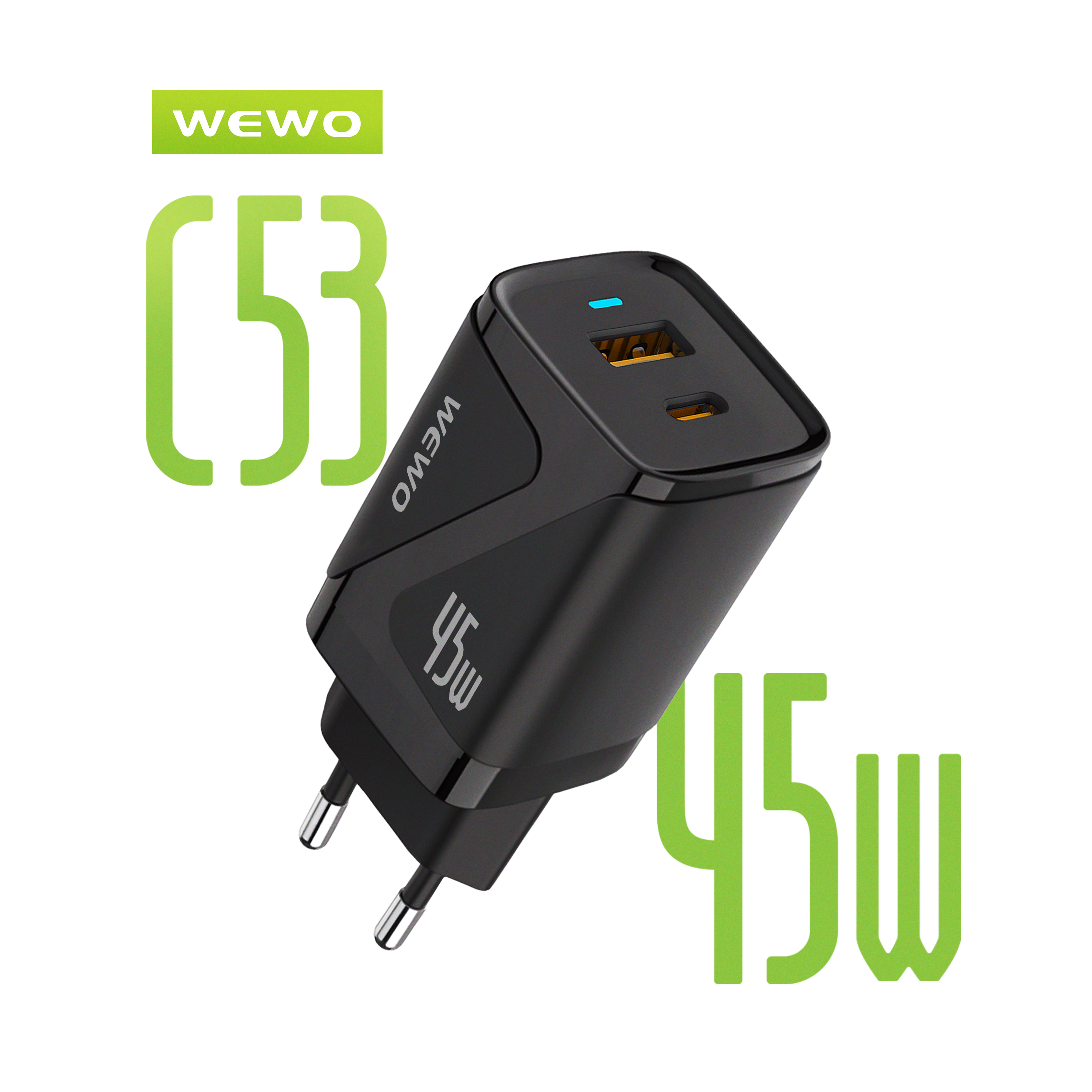 WEWO C53 PD+USB Punjač QC 45W/3A (crni)