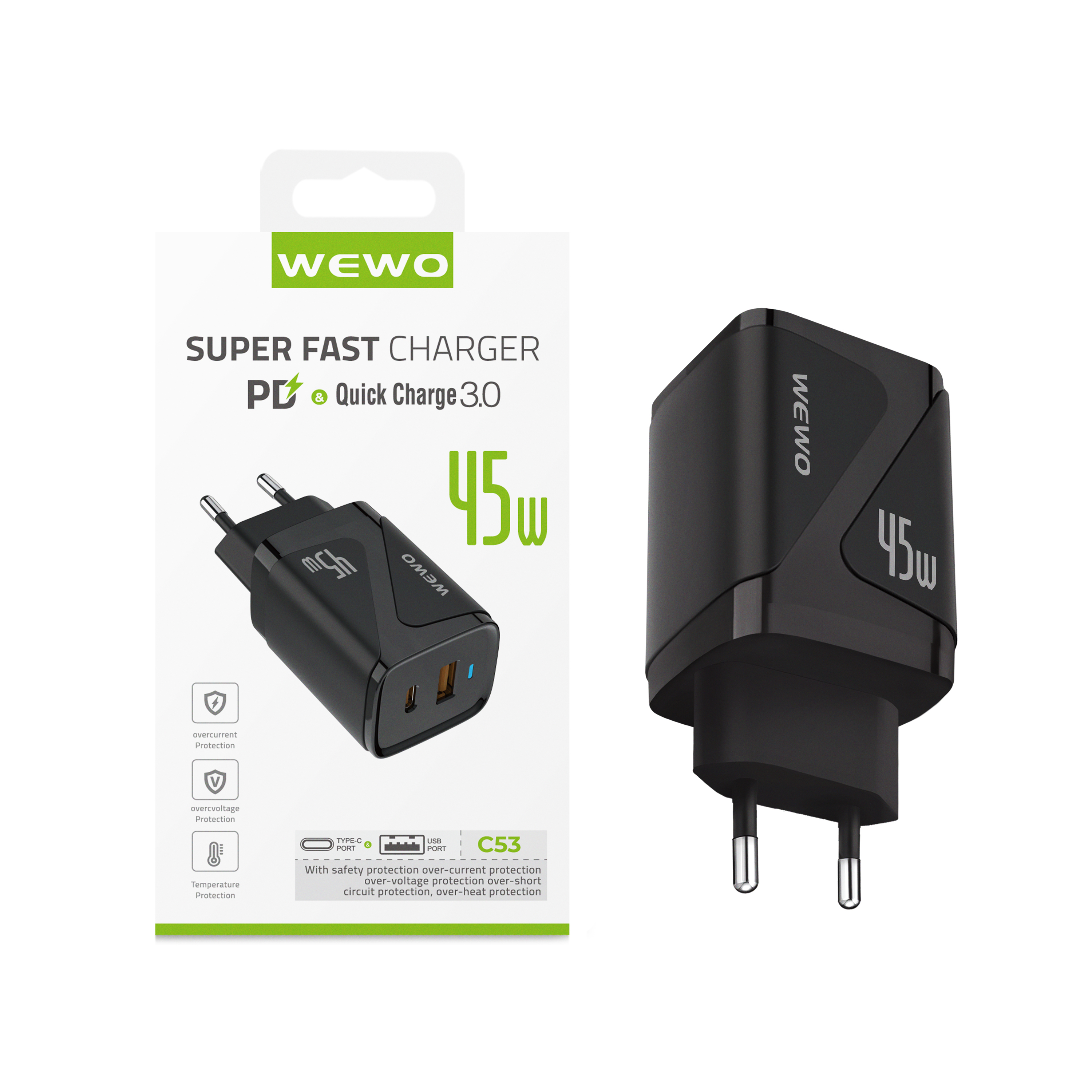 Wewo c53 pd+usb punjač qc 45w/3a (crni)
