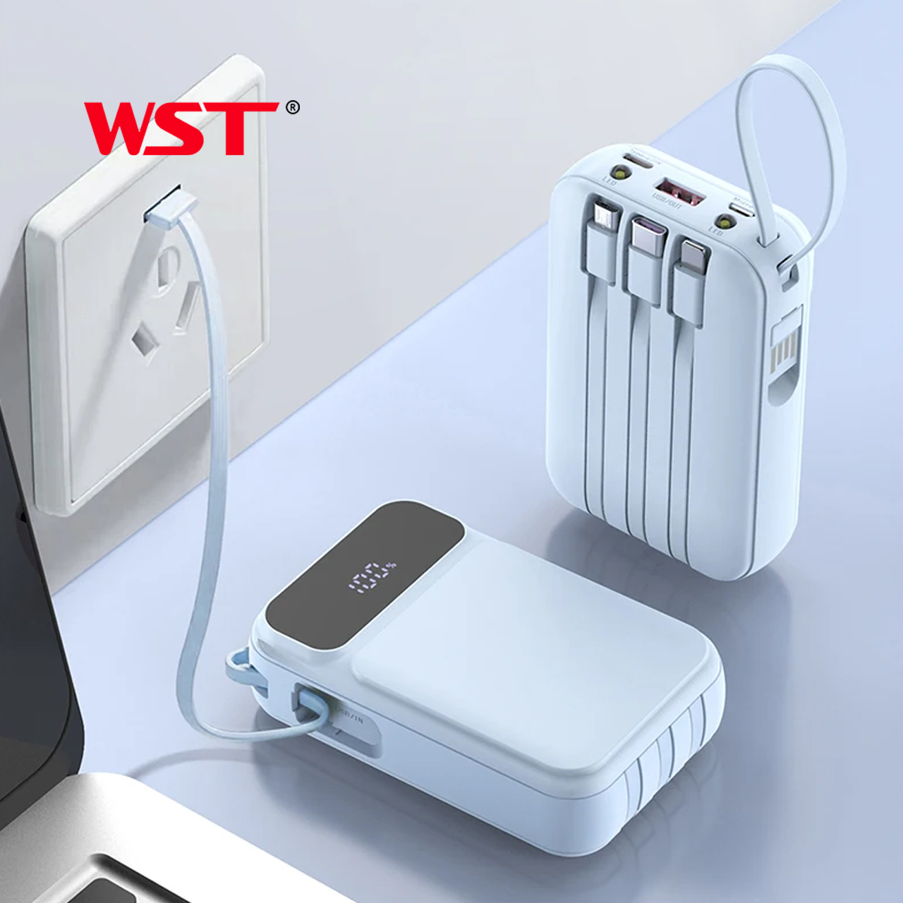 Power bank wst wdx274 10000 mah 22.5w pd fast charge with type-c/lightning/micro cable (plavi)