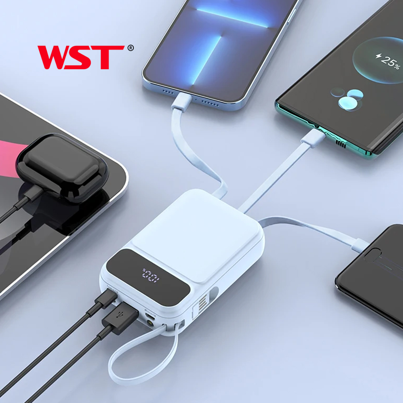 Power bank wst wdx274 10000 mah 22.5w pd fast charge with type-c/lightning/micro cable (ljubičasti)