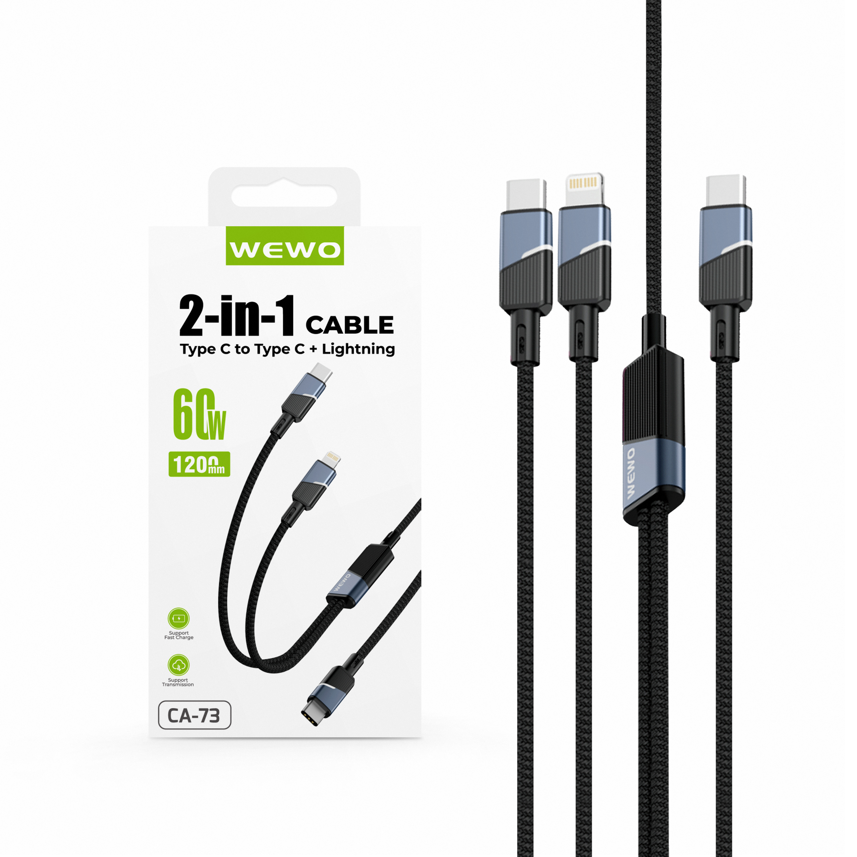 Usb data cable wewo ca-73 textile 2in1 fast pd 60w/5a type c na type c + lightning crni 1.2m