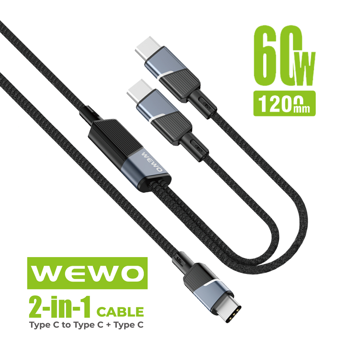 USB Data Cable WEWO CA-72 textile 2IN1 FAST PD 60W/5A Type C na Type C + Type C crni 1.2m