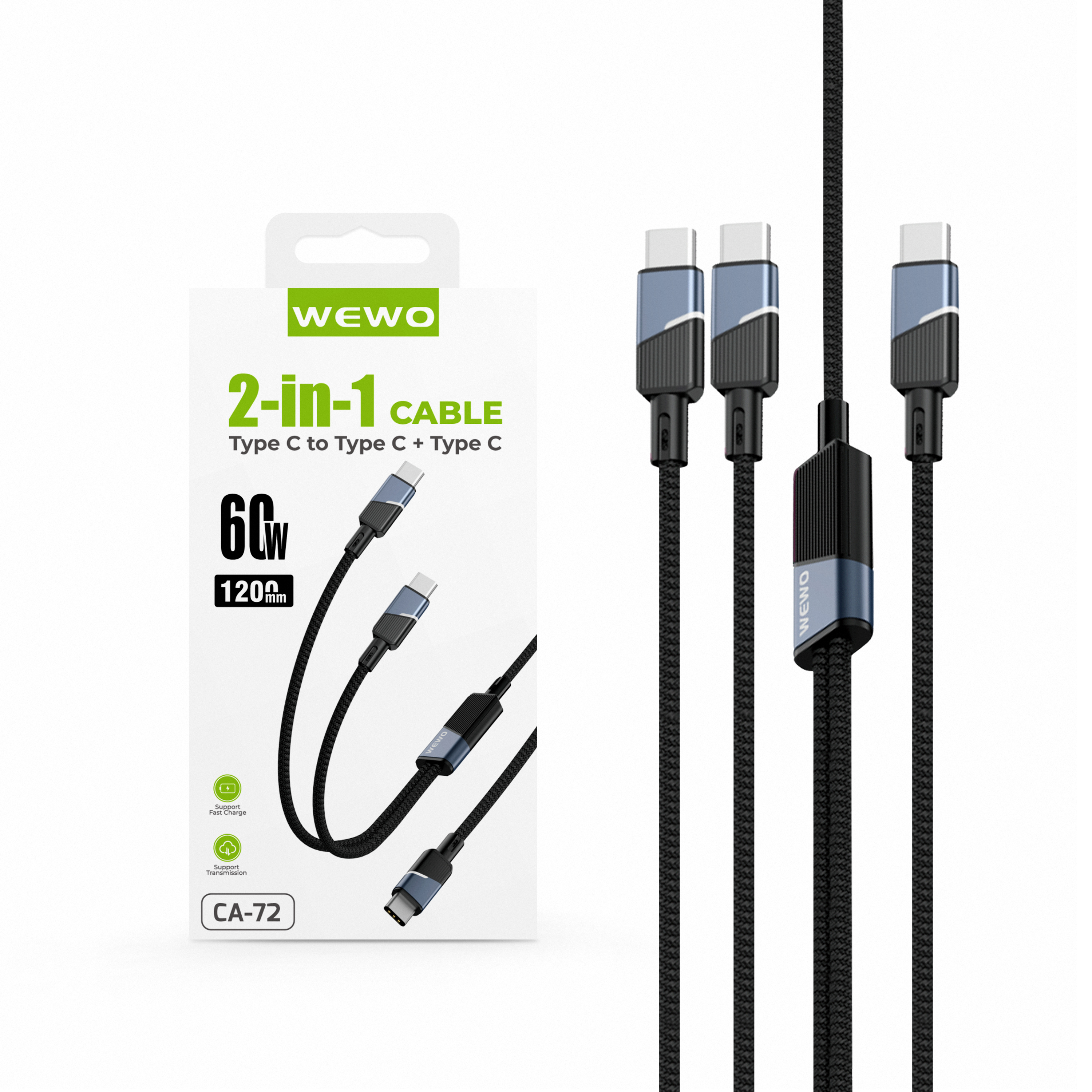 Usb data cable wewo ca-72 textile 2in1 fast pd 60w/5a type c na type c + type c crni 1.2m