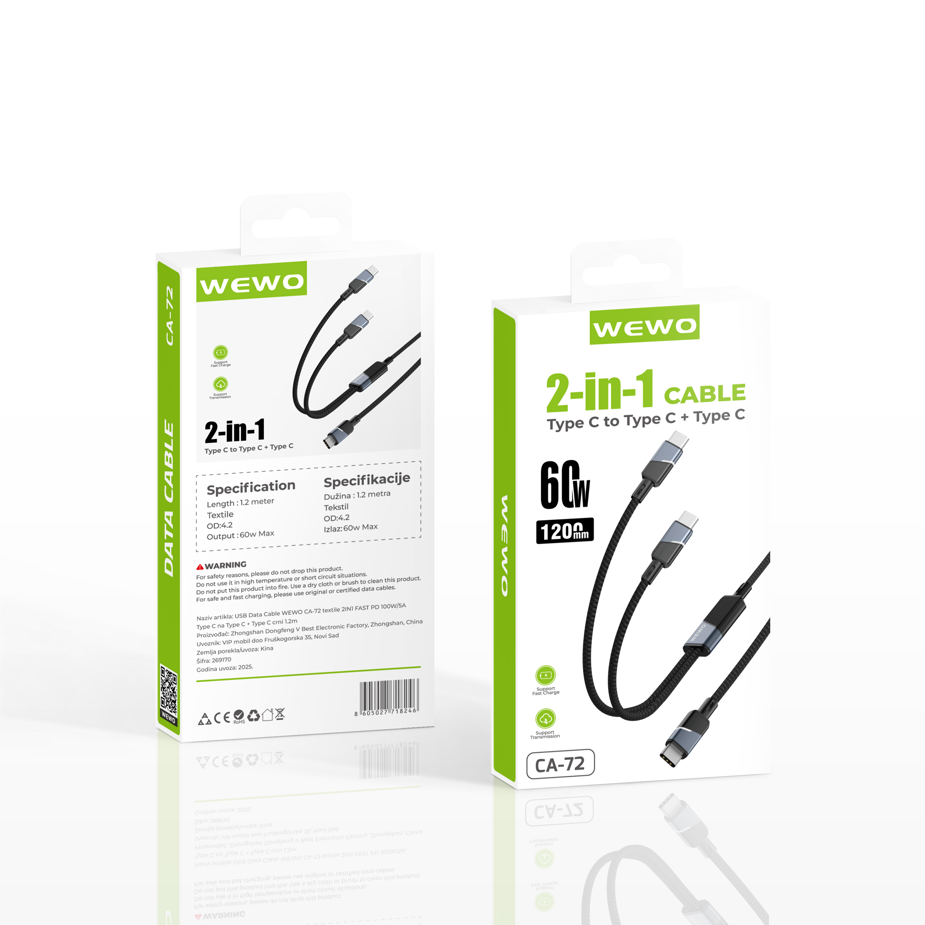 Usb data cable wewo ca-72 textile 2in1 fast pd 60w/5a type c na type c + type c crni 1.2m