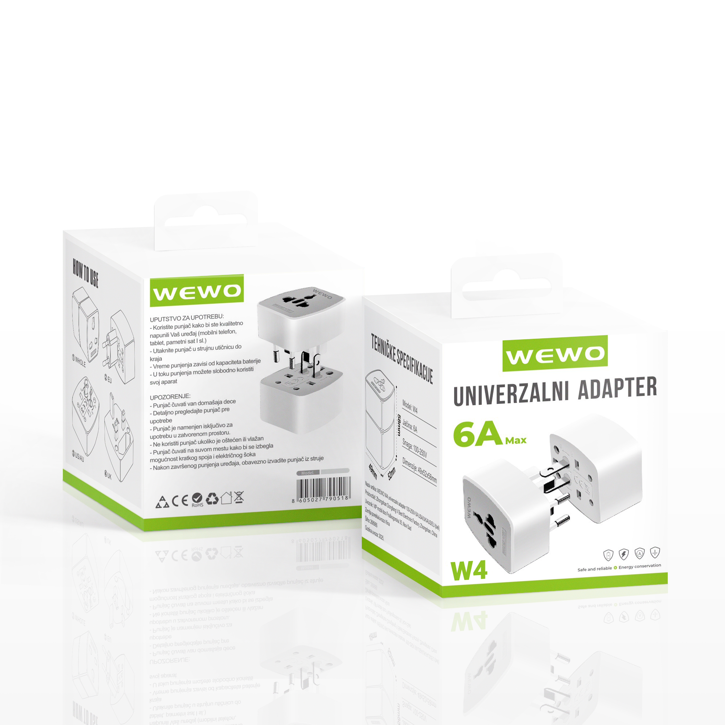 Wewo w4 univerzalni adapter 100-250v 6a usa/uk/aus/eu (beli)