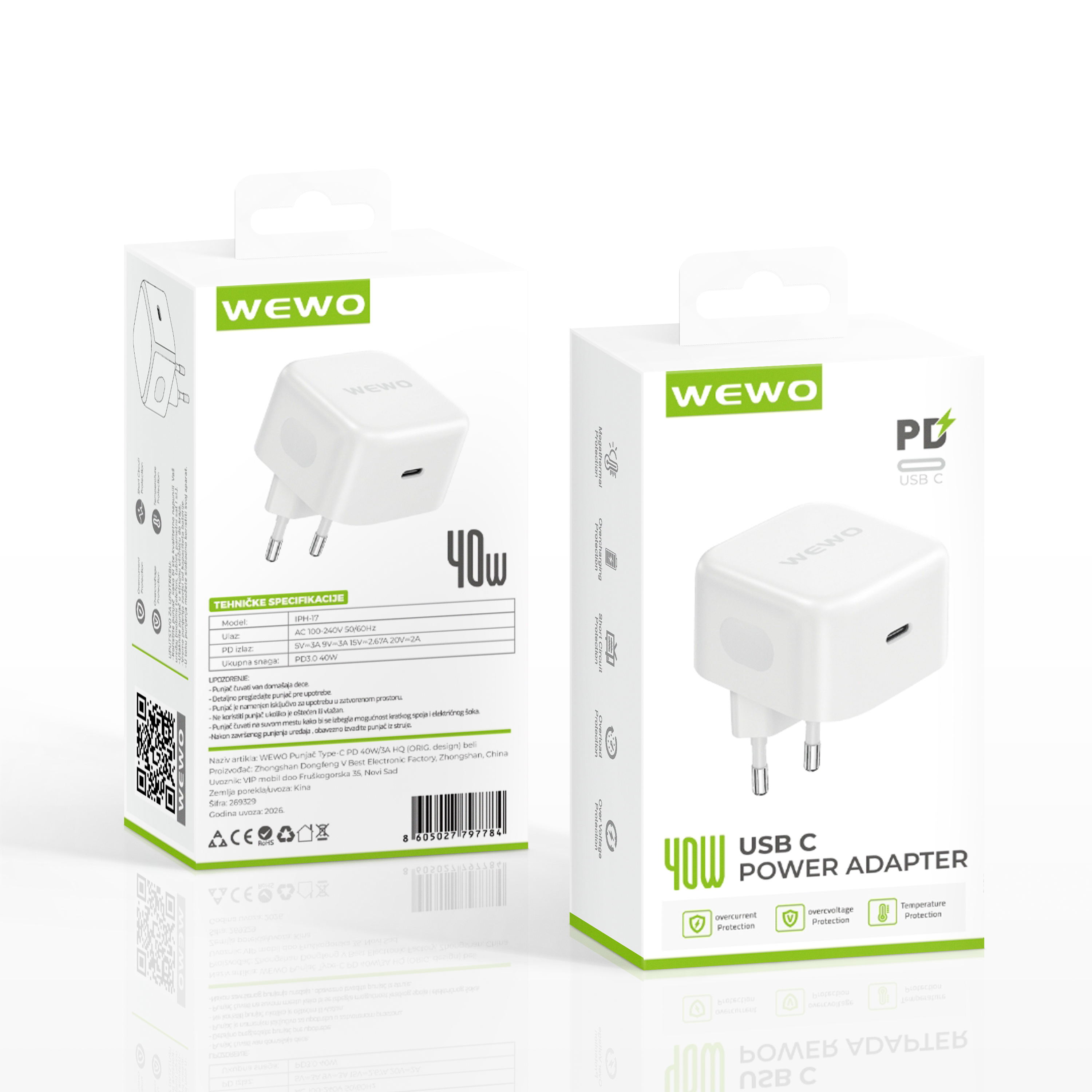 Wewo punjač type-c pd 40w/3a hq (orig. design) beli