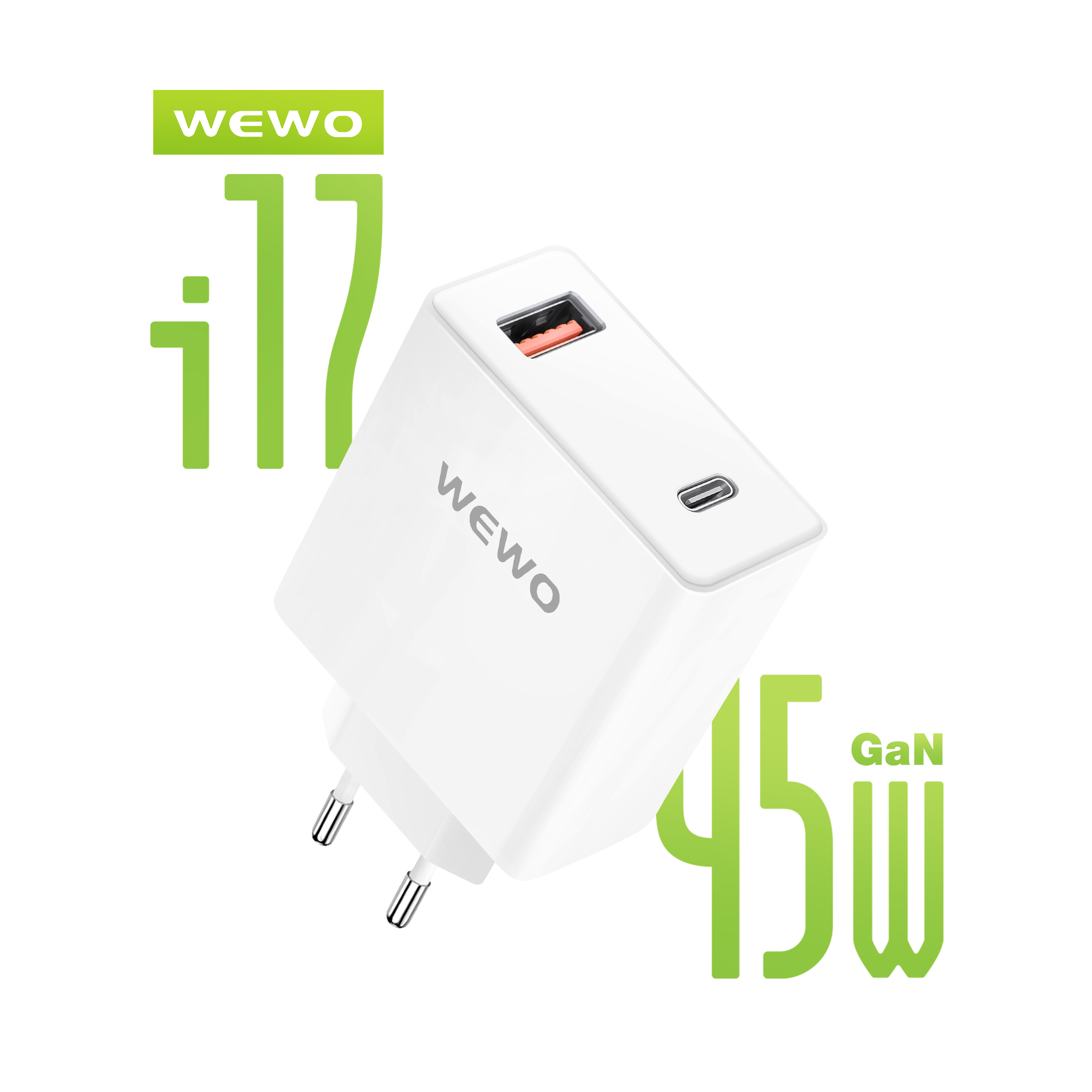 WEWO i17 PD+USB Punjač QC 45W/3A GaN (beli)