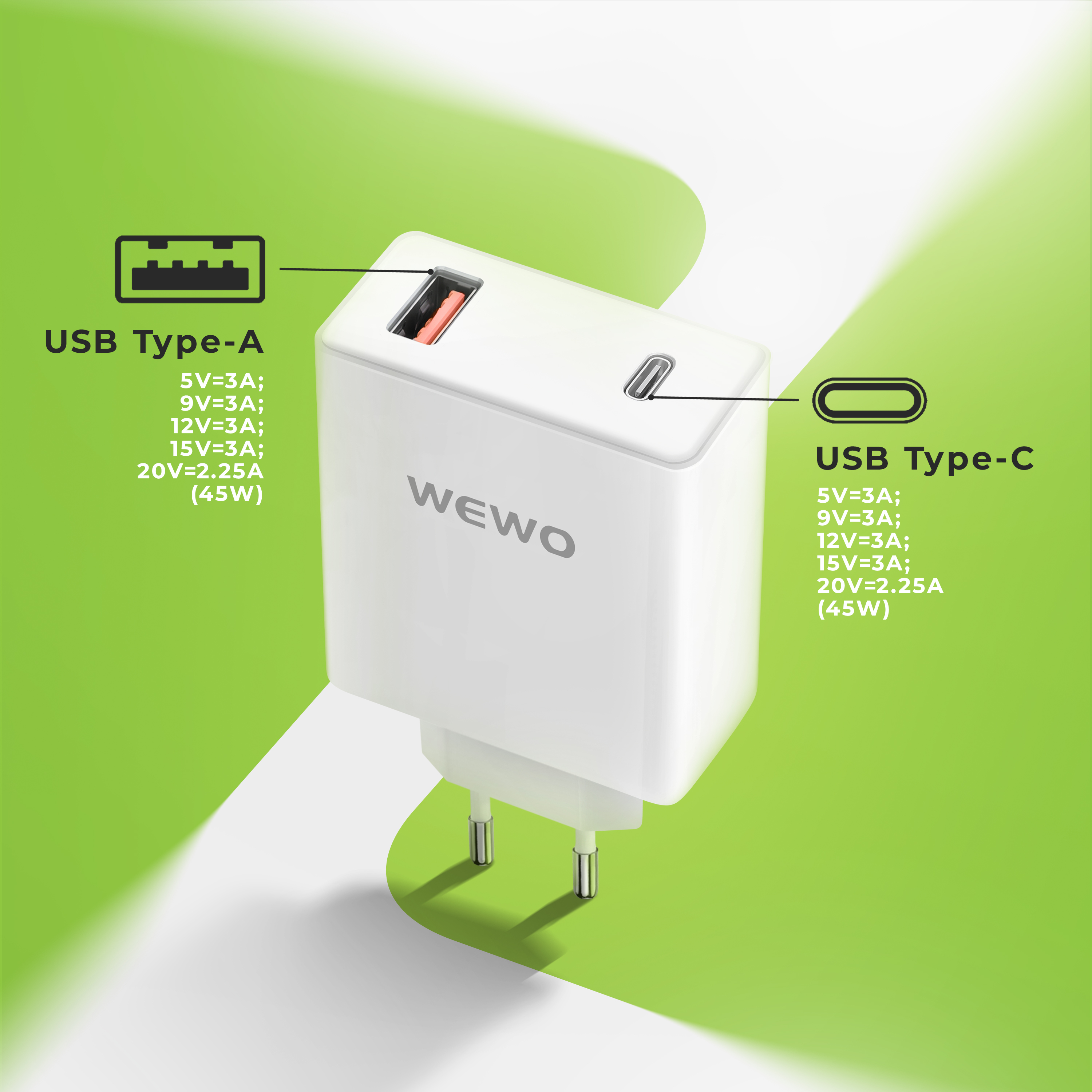 Wewo i17 pd+usb punjač qc 45w/3a gan + type-c to type-c data cable (beli)