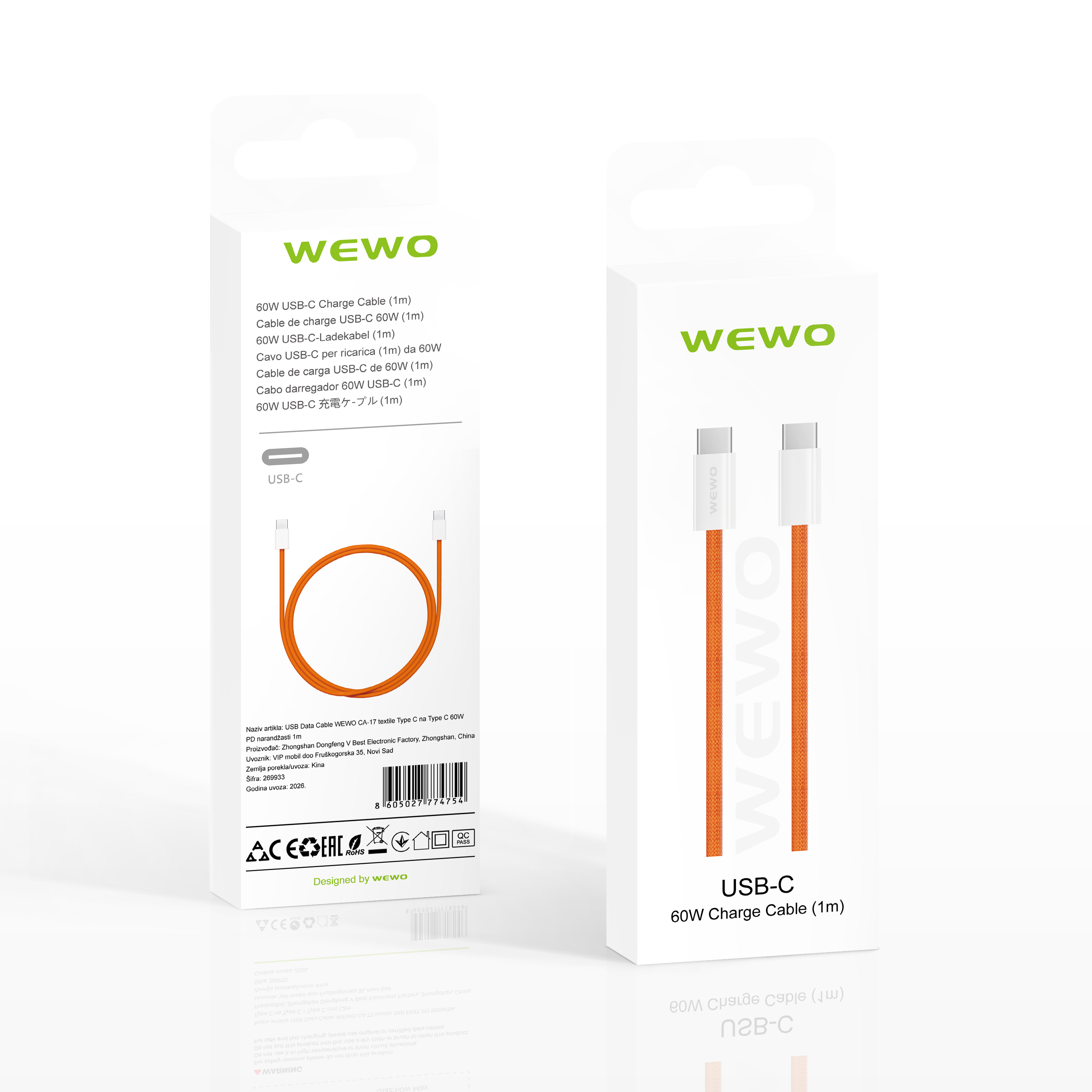 Usb data cable wewo ca-17 textile type c na type c 60w pd narandžasti 1m
