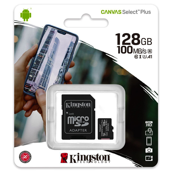 Kingston Micro SD 128GB Canvas Select Plus Class 10 UHS-I U1 V10 A1, Read up to 100MB/s, w/SD adapter