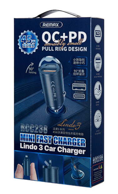 Auto punjač remax lindo iii rcc238 fast charge + pd 45w (1c1a) (crni)