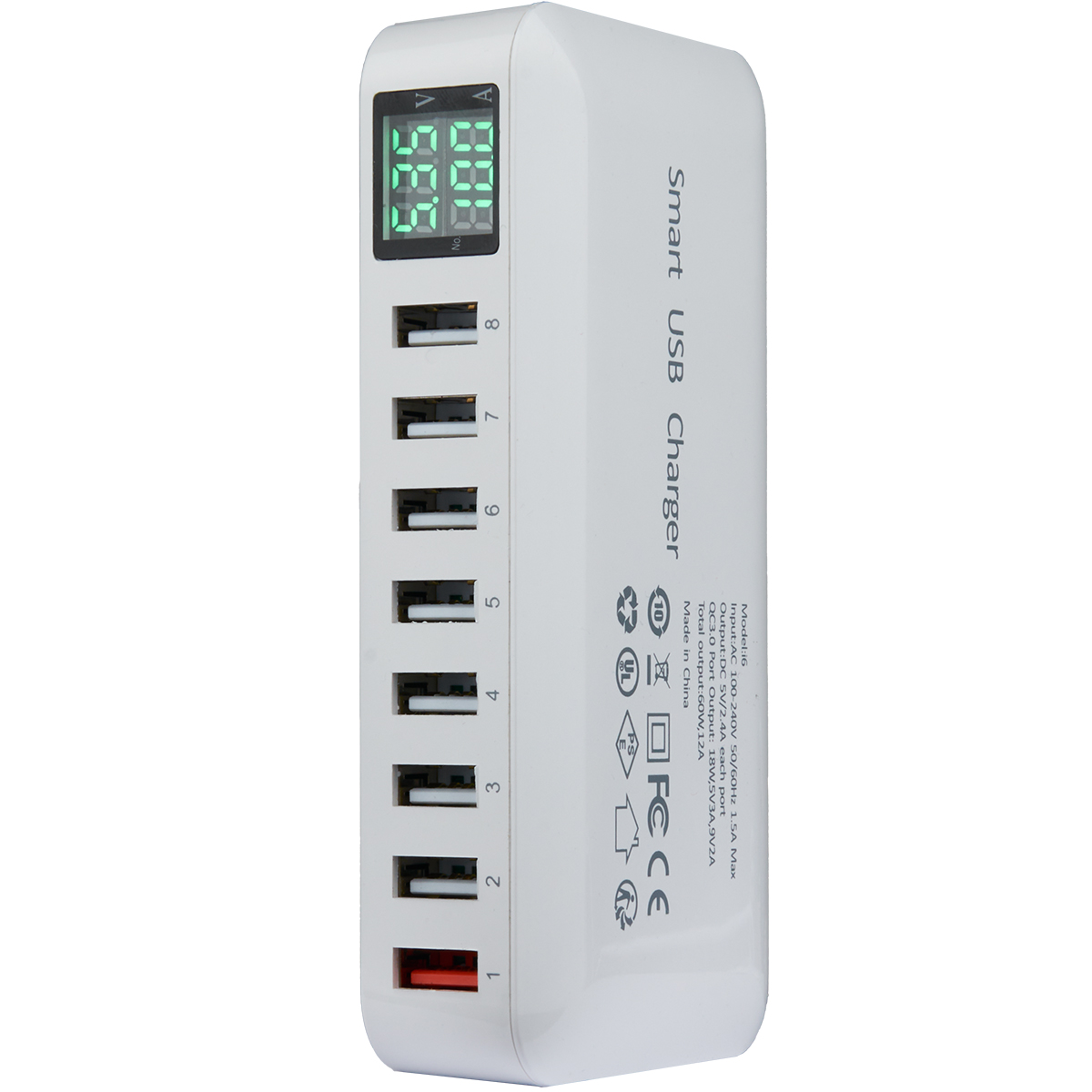 WEWO Punjač sa LED ekranom 60W (1XUSB QC 3.0 18W + 7XUSB 2.4A) beli