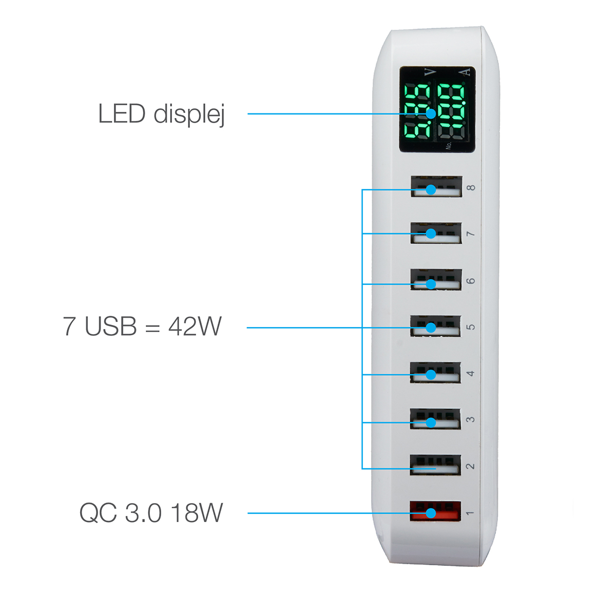 Wewo punjač sa led ekranom 60w (1xusb qc 3.0 18w + 7xusb 2.4a) beli