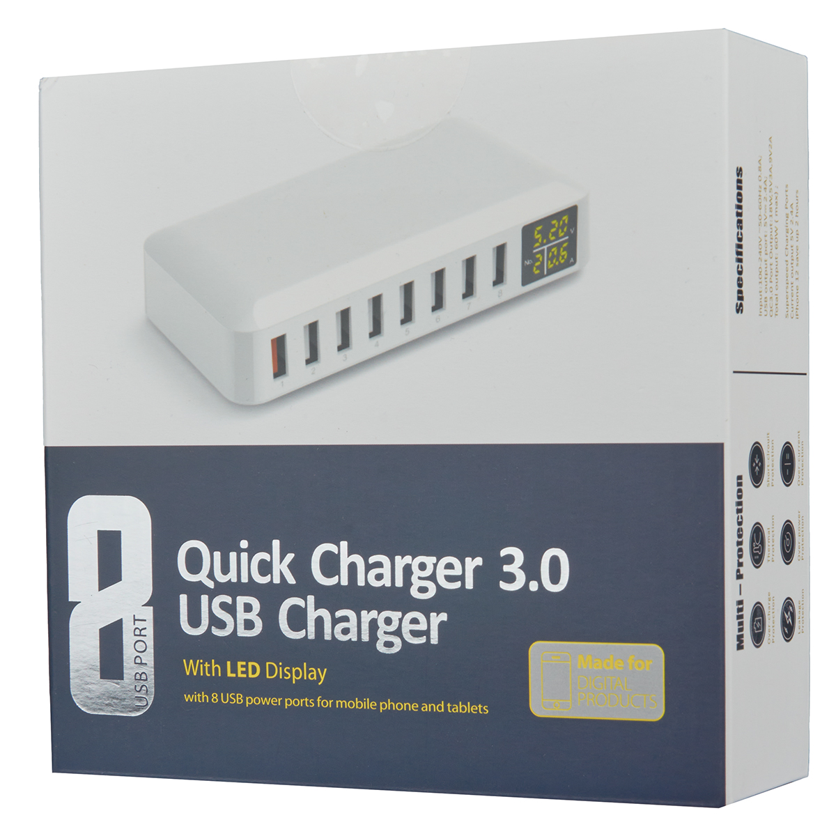 Wewo punjač sa led ekranom 60w (1xusb qc 3.0 18w + 7xusb 2.4a) beli