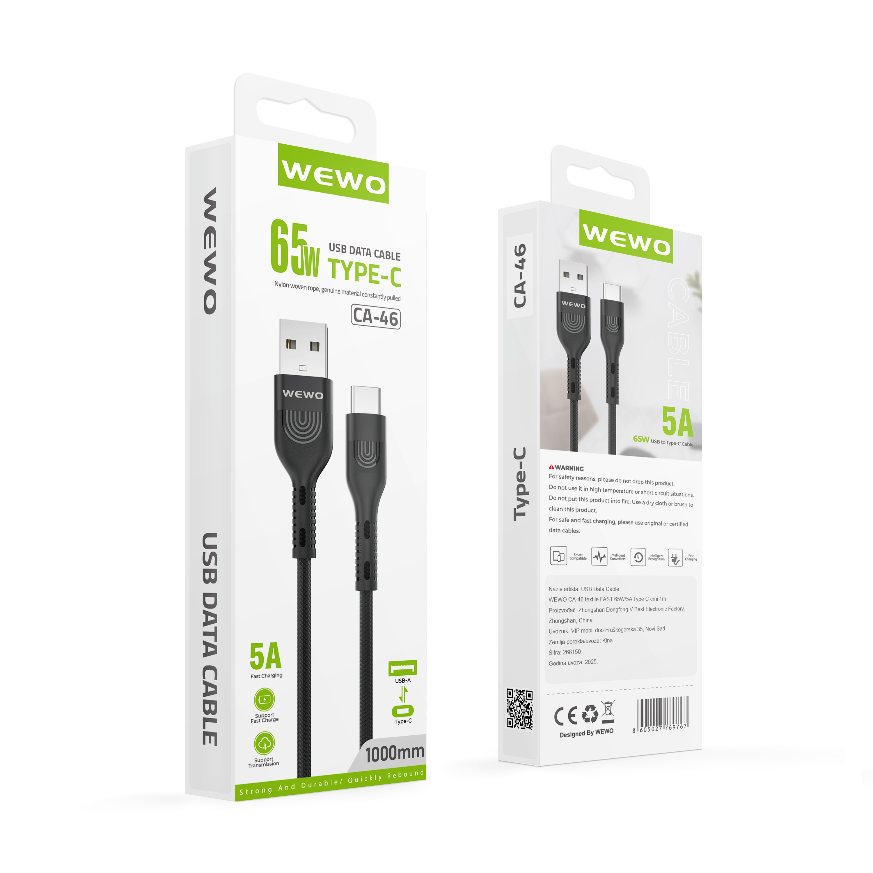 Usb data cable wewo ca-46 textile fast 65w/5a type c crni 1m