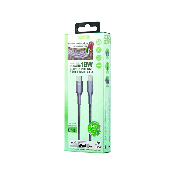 Usb data cable remax rc-009 pd type-c na iphone (2.4a) srebrni 1m