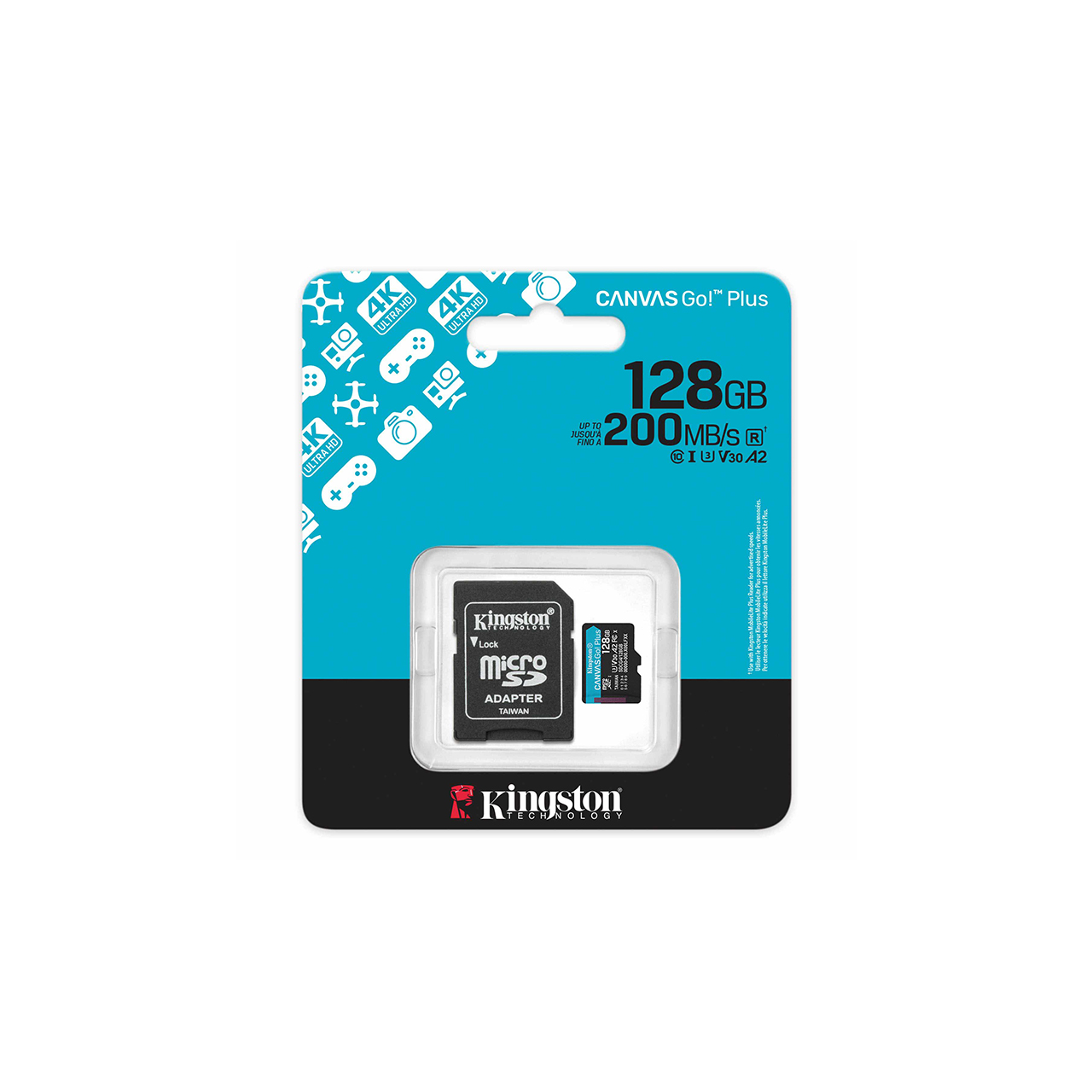 Kingston micro sd 128gb canvas go! plus class 10 uhs-i u3 v30 a2, read up to 200mb/s, for 4k and full hd video recordnig, w/sd adapter