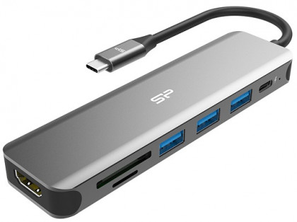 Silicon Power USB-C 7-in-1 Hub, SD Card-reader, MicroSD Card Reader, 1x HDMI 4K, 3x USB3.2, 1x USB-C (PD2.0 charging up to 60W), Cable 0.15m