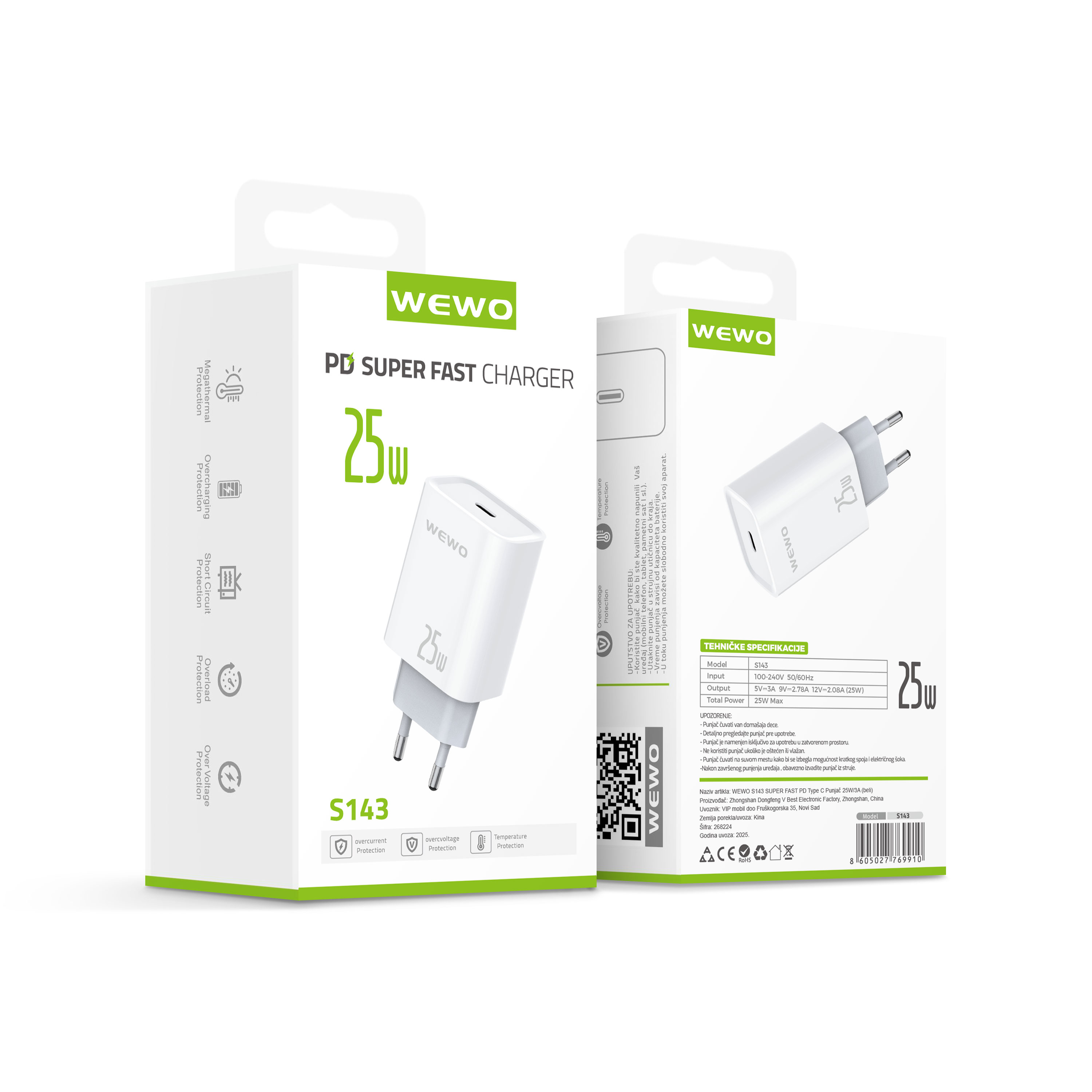 Wewo s143 super fast pd type c punjač 25w/3a (beli)