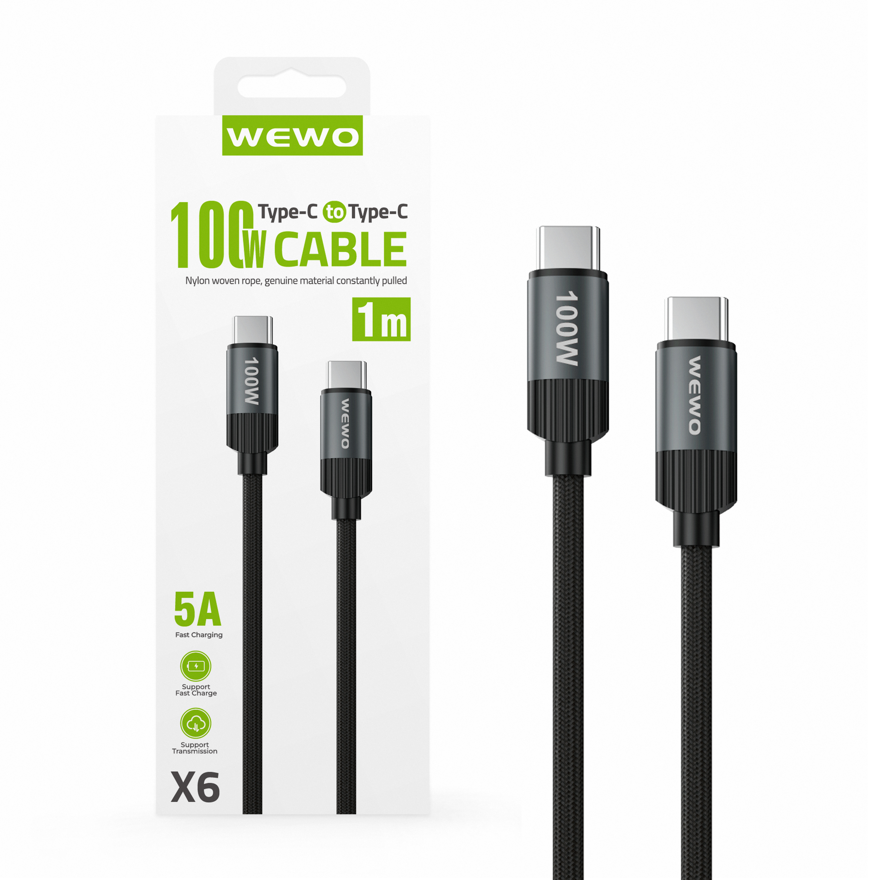 Usb data cable wewo x6 textile fast pd 100w/5a type c na type c crni 1m